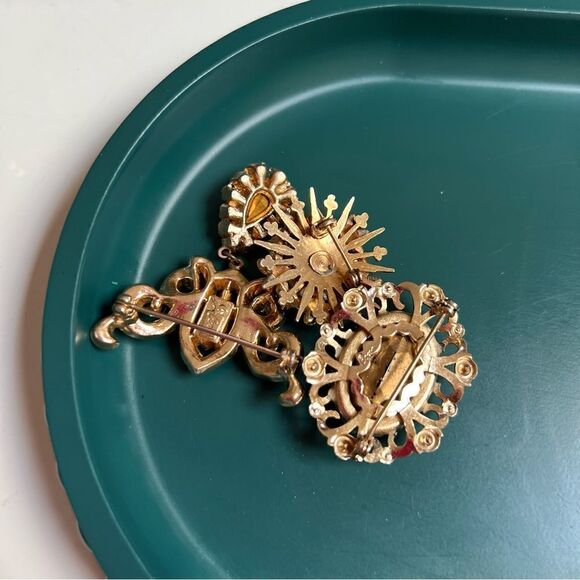 Stunning 3 Piece Vintage 50s 60s MCM Atomic Era Aqua Tone Crystal Brooch Pin Lot - Picture 9 of 10